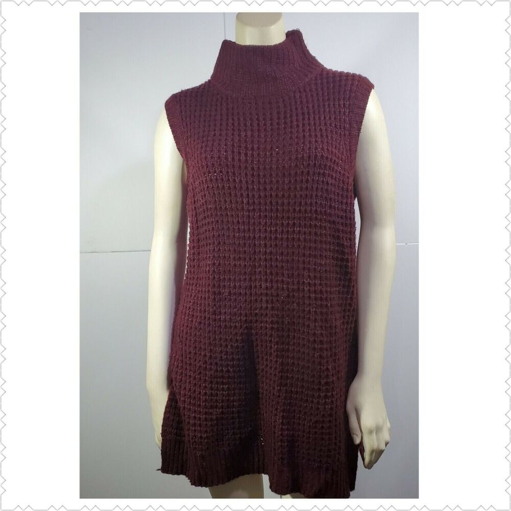 John + Jenn Tunic Womens Medium Turtle Neck Sleeveless Chunky Knit Burgundy